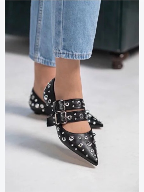 Free People Shoes - Free People Black Pointed Toe Double-Buckle Stud Flats